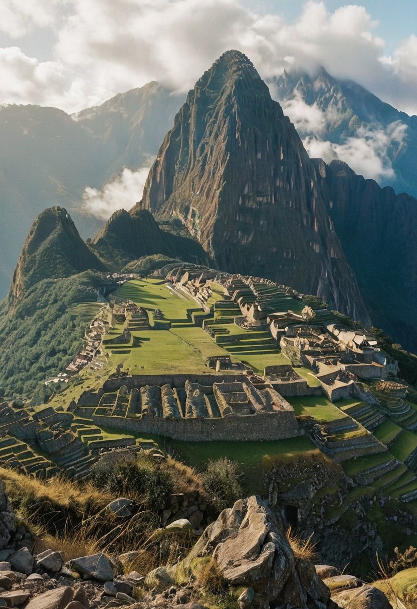 their peaks veiled in mist. mixed media, surrealism, great lighting, A surreal landscape highly detailed . extremely high-resolution details,  appears trapped in an optical illusion of reflections and refractions colorful , Machu Picchu high up in the mountains, professional photography, natural lighting, volumetric lighting maximalist. intricately detailed, complex, elegant, expansive, fantastical, film photography style,  medium grain