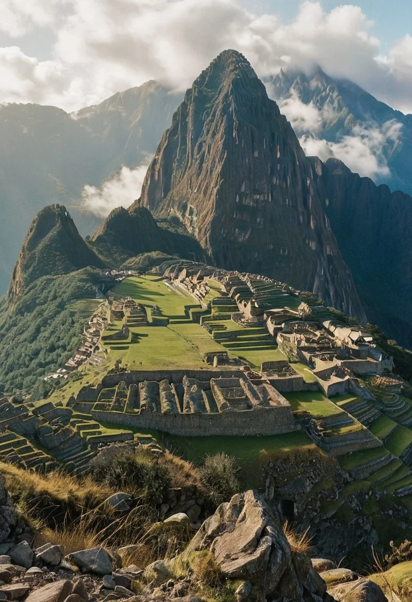their peaks veiled in mist. mixed media, surrealism, great lighting, A surreal landscape highly detailed . extremely high-resolution details,  appears trapped in an optical illusion of reflections and refractions colorful , Machu Picchu high up in the mountains, professional photography, natural lighting, volumetric lighting maximalist. intricately detailed, complex, elegant, expansive, fantastical, film photography style,  medium grain
