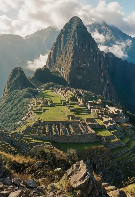 their peaks veiled in mist. mixed media, surrealism, great lighting, A surreal landscape highly detailed . extremely high-resolution details, appears trapped in an optical illusion of reflections and refractions colorful , Machu Picchu high up in the mountains, professional photography, natural lighting, volumetric lighting maximalist. intricately detailed, complex, elegant, expansive, fantastical, film photography style, medium grain