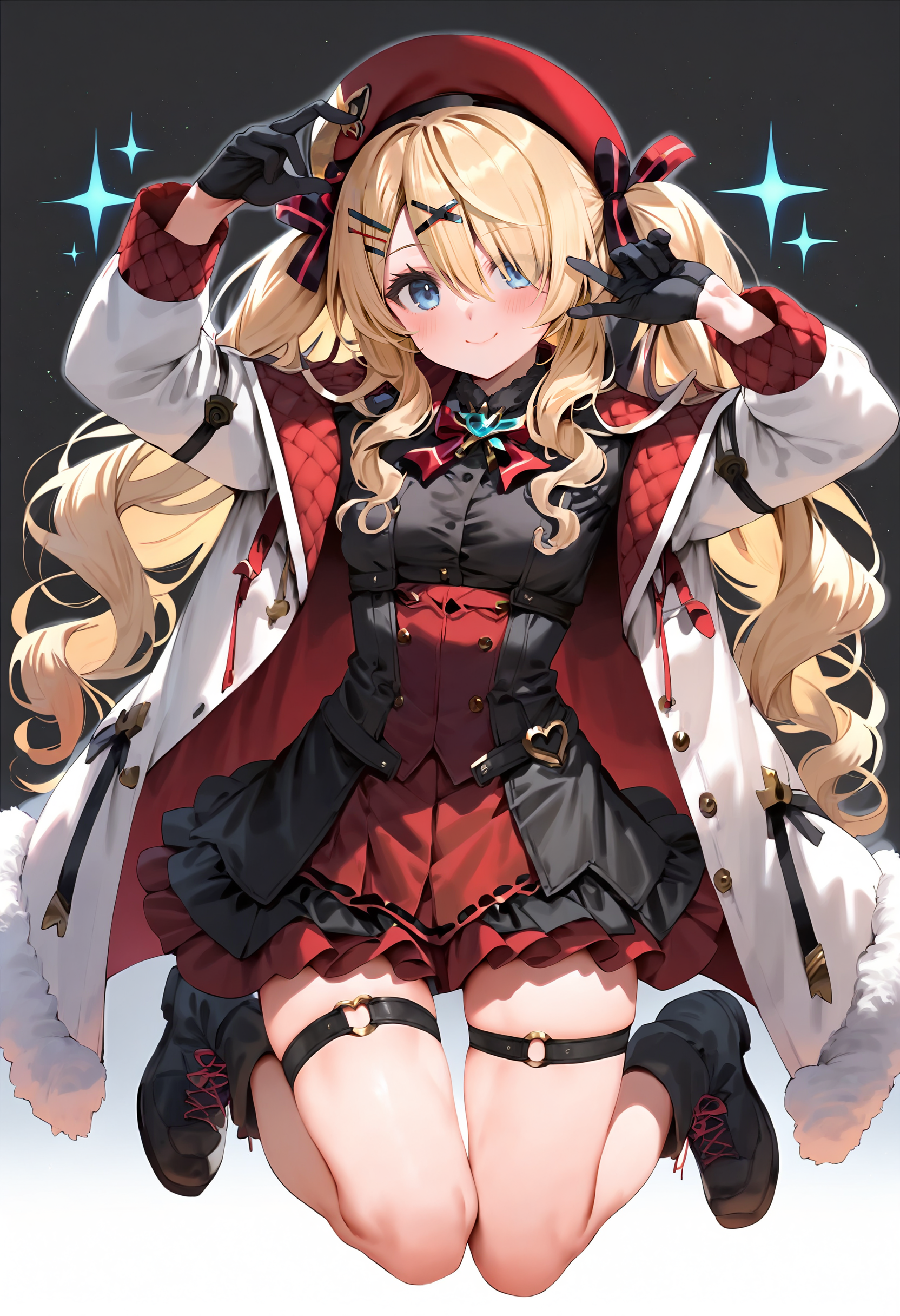score_9,score_8_up,score_7_up,<lora:PDFA_Style6559515941d2a06gas10-000525:0.8>,1girl,solo,bangs,blush,smile,looking at viewer,:d,arm up,beret,black footwear,black gloves,black shirt,blonde hair,blue eyes,boots,bow,breasts,brooch,closed mouth,cross-laced footwear,dress,full body,fur trim,fur-trimmed jacket,gloves,gradient background,hair between eyes,hair ornament,hair over one eye,hairclip,hands up,hat,holding,jacket,jewelry,long hair,long sleeves,midriff,open clothes,open jacket,outline,red bow,red dress,red headwear,red jacket,shirt,small breasts,standing,thigh strap,twintails,very long hair,wavy hair,white outline,white headwear,white jacket