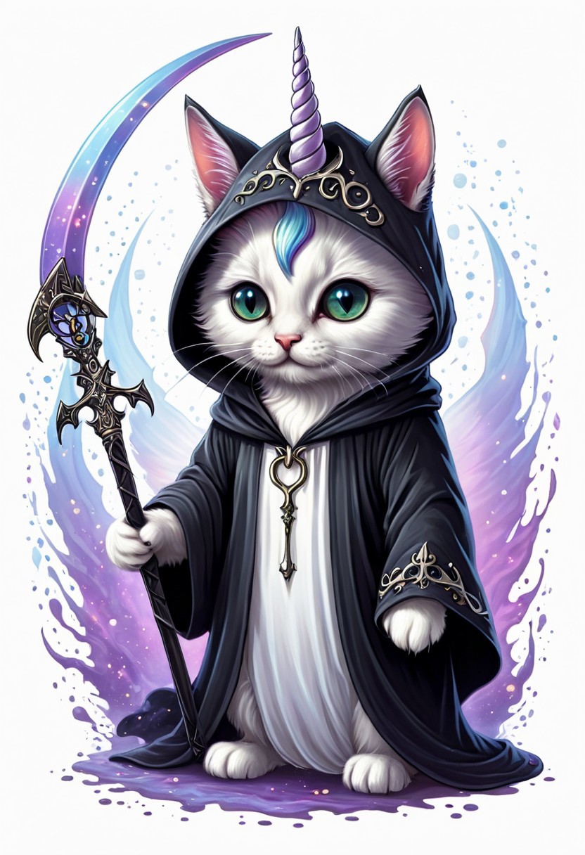 Let's craft a striking and unique t-shirt design featuring an eerie twist on a unicorn kitten dressed in a reaper costume, all set against a crisp white background. Picture a small, adorable kitten with a unicorn horn protruding from its forehead, its eyes glowing with an otherworldly light. The kitten is clad in a dark, flowing reaper robe, complete with a hood that casts shadows over its face, adding a mysterious and haunting vibe to the design. Delicate, ethereal wings sprout from its back, shimmering with a ghostly iridescence. The kitten holds a tiny scythe in its paw, the blade gleaming ominously against the white fabric of the robe. Behind the creature, a soft, ethereal mist swirls, hinting at a realm beyond the mundane. This juxtaposition of cute and eerie elements creates a captivating visual contrast that is sure to intrigue and captivate onlookers when printed on a white t-shirt.