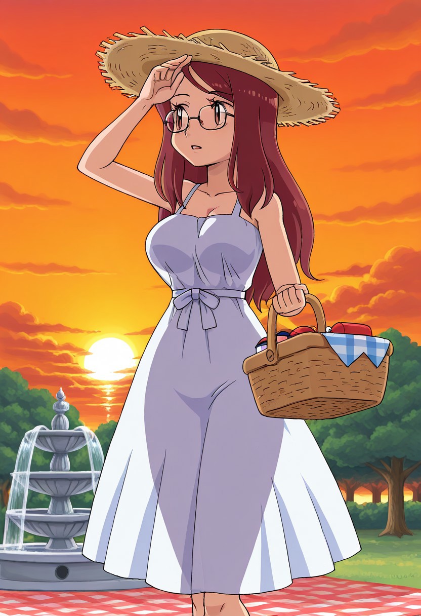sfw, rating_safe, rating_questionable, pokemoa, oekaki, lowres, 1girl, solo, trainerrissy, auburn hair, long hair, auburn eyes, large breasts, 
sun dress, translucent, (silhouette through dress:1.2), straw hat, picnic basket, fountain background, (sun behind girl), sunset, rainbow, hand on forehead, looking away