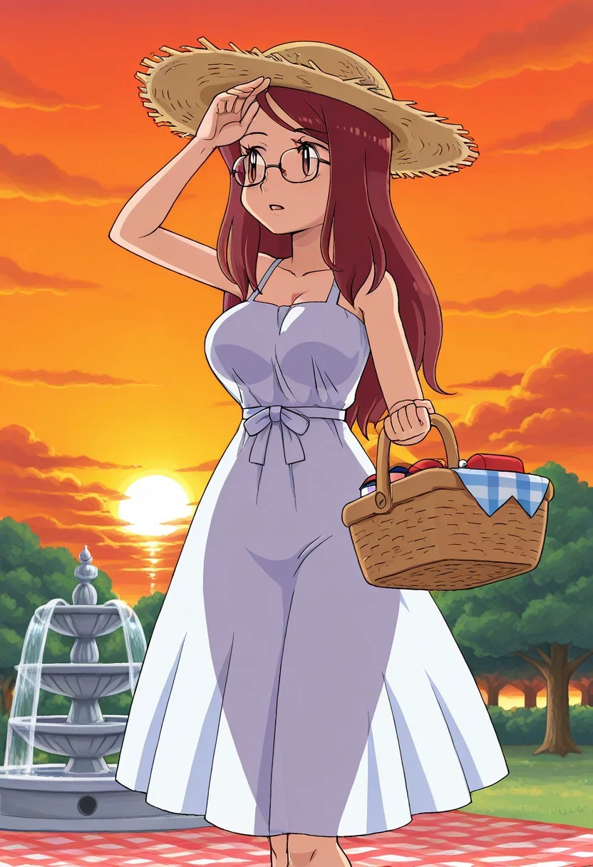 sfw, rating_safe, rating_questionable, pokemoa, oekaki, lowres, 1girl, solo, trainerrissy, auburn hair, long hair, auburn eyes, large breasts,
sun dress, translucent, (silhouette through dress:1.2), straw hat, picnic basket, fountain background, (sun behind girl), sunset, rainbow, hand on forehead, looking away