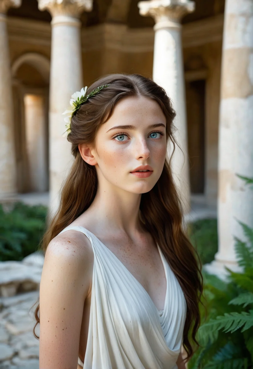 A close-up photograph of a beautiful and graceful young roman woman, wearing a simple white stola, wandering deep in the ruins of an ancient roman town, a once elaborately painted villa still has a garden with a pebble path, and is overgrown with green ferns and flowering acanthus plants. Dark, long shadows, shimmering water, simple but stunning architecture. (luc14nn4, freckles on her nose, long hair, brown hair, expressive blue eyes, soft pale skin.)