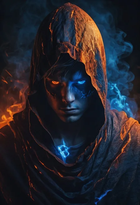 Dark Fantasy Concept Art. Close-up portrait. 23-year-old boy engulfed in dark power, wearing a hooded robe, bright blue eyes, intensely angry. Macro. High-contrast matte painting with intricate textures and deep color. Bright blue eyes gleaming against dark wisps of smoke and neon magical runes. Dark, rugged, stone-like shadows consuming the boy's body. Complementary colors of fiery orange and indigo, backlit by an eerie blue glow. Highly detailed, fantasy concept art, Unreal Engine 5 quality, Artstation trending style, 8k resolution, cinematic lighting, best quality, incredibly detailed, visually striking, surreal, immersive, extrmeley detailed supervillian