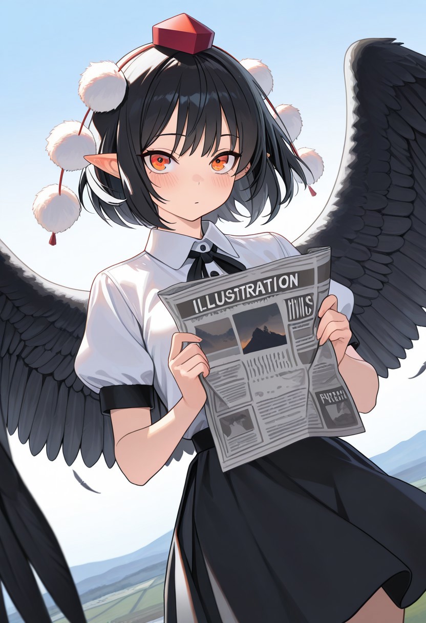 WALLPPR_ST, detailed background, (masterpiece), (best quality), (ultra-detailed), very aesthetic, high resolution, illustration, perfect composition, intricate details, absurdres, newest, extremely detailed eyes, beautiful, perfect lighting, hi res, amazing quality, very awa, painting_(artwork), dynamic angle, dynamic pose, 1girl, solo, hat, pom pom (clothes), tokin hat, wings, newspaper, pointy ears, black hair, skirt, holding, short sleeves, black skirt, white shirt, shirt, looking at viewer, black wings, short hair, puffy sleeves, outdoors, blush, puffy short sleeves, red headwear, feathered wings, cowboy shot, bangs, collared shirt, sky, orange eyes, day