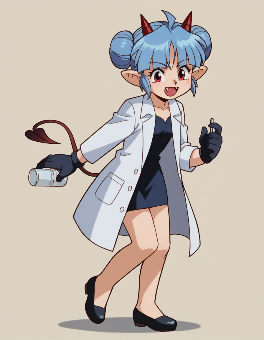 zPDXL, score_9, score_8_up, score_7_up, source_anime, 1girl, solo,
<lora:Gunsmith_ver3:0.8> gnsmth, <lora:Nullantwins:0.8> Zhuu, blue hair, red eyes, pointy ears, red horns, demon tail, small breasts, fangs out, double bun, blunt bangs,, happy, chest stand, doctor wearing a white lab coat, slacks, orthopedic shoes, holding a penlight,gloves,