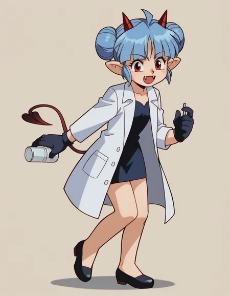 zPDXL, score_9, score_8_up, score_7_up, source_anime, 1girl, solo,
<lora:Gunsmith_ver3:0.8> gnsmth, <lora:Nullantwins:0.8> Zhuu, blue hair, red eyes, pointy ears, red horns, demon tail, small breasts, fangs out, double bun, blunt bangs,, happy, chest stand, doctor wearing a white lab coat, slacks, orthopedic shoes, holding a penlight,gloves,