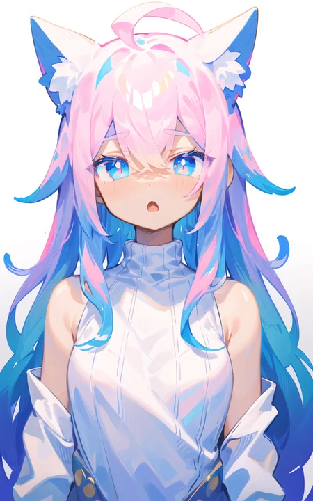 masterpiece, (((best quality))), ((ultra-detailed)), ((illustration)),
1girl, solo, cat ears, multicolored hair, ((gradient hair), white+(blue)+(pink:0.5) hair//), very long hair, messy hair, bangs, ahoge, ((gradient eyes), pink+light_blue eyes//), slit pupils, glowing eyes, 1fang,
:o,
white sweater,
<lora:uenomigi-loha-000003:1>