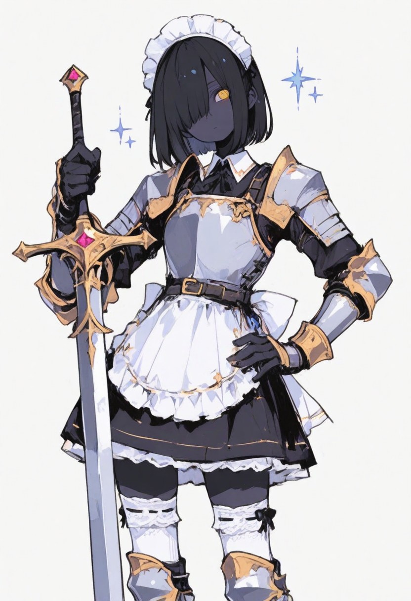 1 girl , solo , black skin , short hair , hair over eye , amber eye , black hair , apron , maid dress , thighhighs socks , cute , head tilt , shifting hip , hand on hip , sparkling , maid headwear , gauntlet , holding, holding sword, long sword , knight armor , knee armor,
masterpiece, best quality ,amazing quality ,S4bit4mago_illu , xxx667_illu ,Protoneon  , ma1ma1helmes_b_illu,