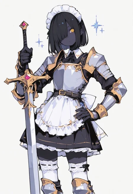 1 girl , solo , black skin , short hair , hair over eye , amber eye , black hair , apron , maid dress , thighhighs socks , cute , head tilt , shifting hip , hand on hip , sparkling , maid headwear , gauntlet , holding, holding sword, long sword , knight armor , knee armor,
masterpiece, best quality ,amazing quality ,S4bit4mago_illu , xxx667_illu ,Protoneon  , ma1ma1helmes_b_illu,