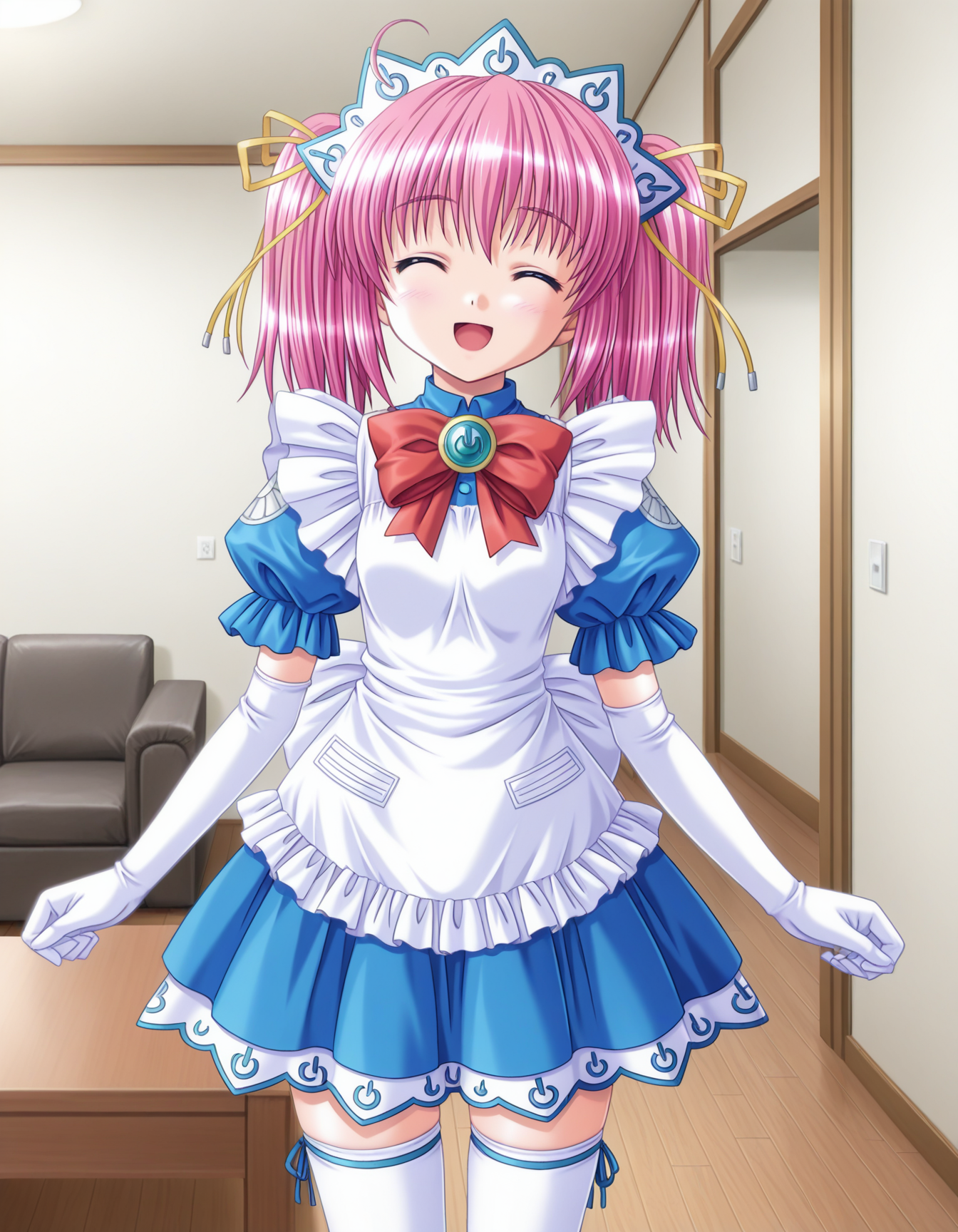 1girl, solo, accoMM, pink hair, twintails, yellow hair ribbon, (closed eyes:0.8), smile, open mouth, maid apron, maid headdress, red bow, puffy short sleeves, elbow gloves, white gloves, blue sleeves, blue skirt, white thighhighs, turned away but looking back over her shoulder, cowboy shot, indoors, living room, light theme <lora:acco_monogokoro_ilxl_v1:0.6>
