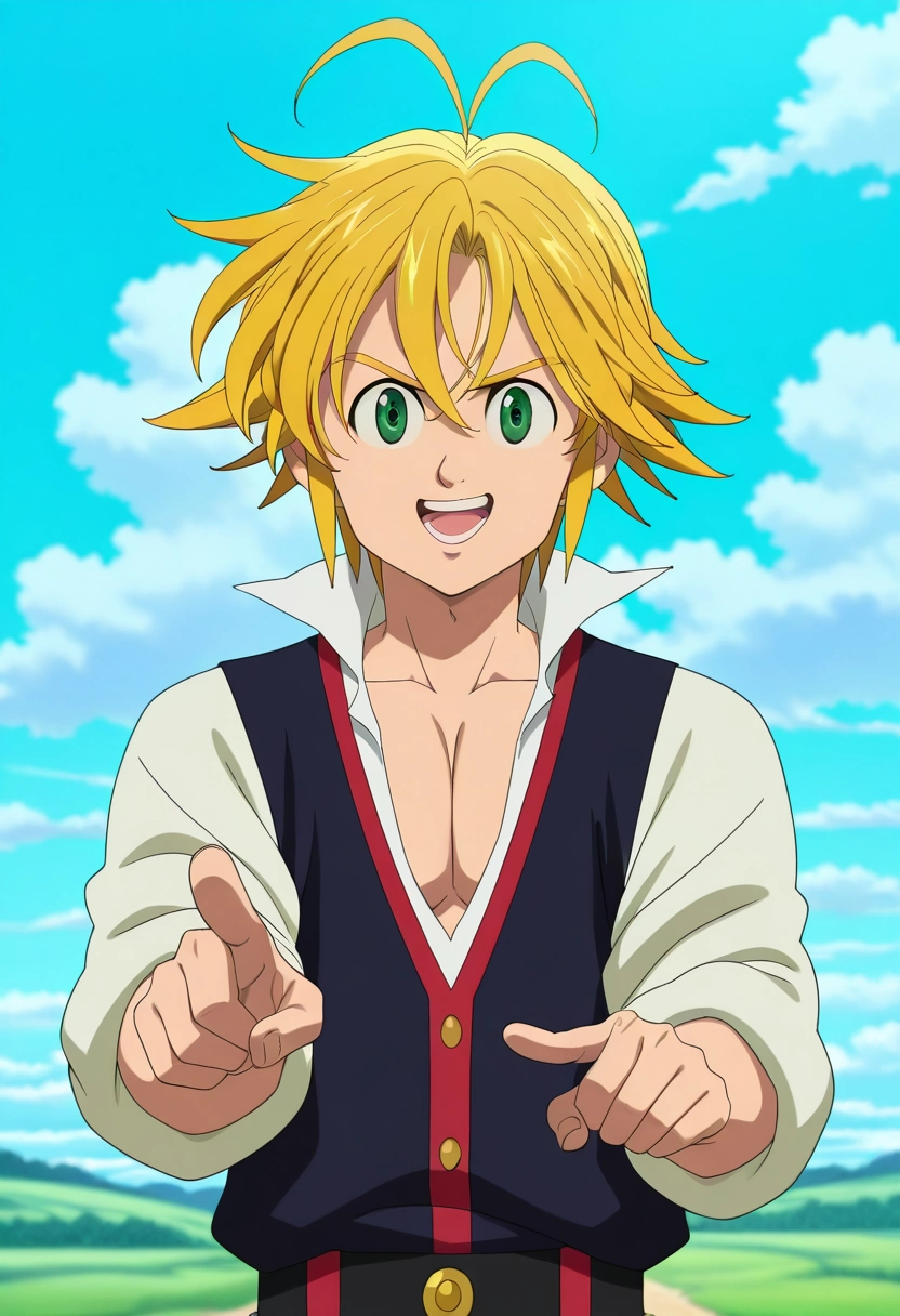 masterpiece, best quality, , anime screencap, anime coloring, official style, looking at viewer, 1boy, solo, male focus, <lora:meliodas_nanatsu_no_taizai_ilxl:0.92>, meliodas_nanatsu_no_taizai, blonde hair, green eyes, short hair, antenna hair, hair between eyes, straight-on, mont saint michel, day, clouds, pointing, laughing,