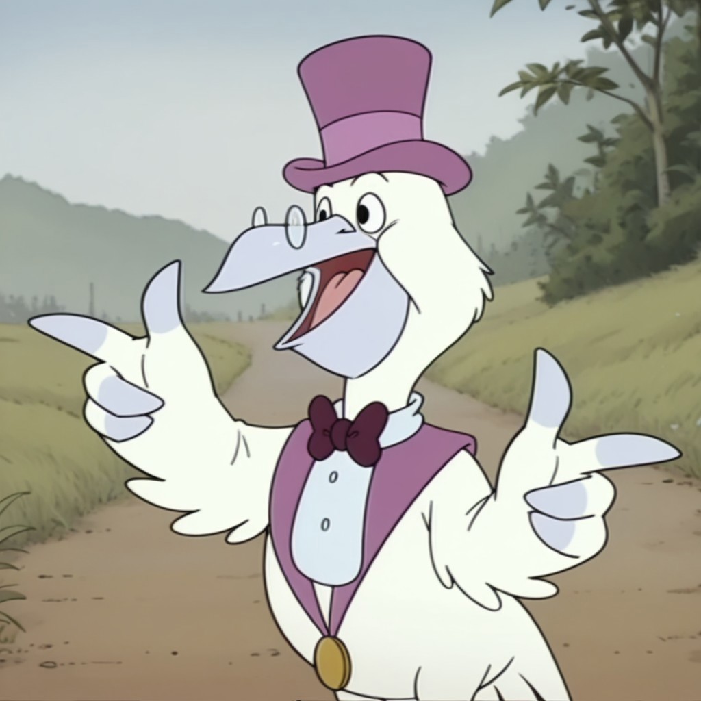 masterpiece, best quality, amazing quality, MayorPelicanbbil, semi-anthro, male, Pelican, bird, white feathers, black eyes, winged arms, purple top hat, gold medal, white dickie, purple bow tie, round glasses, standing, outside, pointing, open mouth, solo