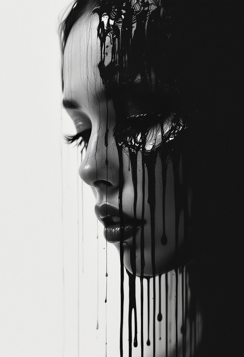 A hauntingly surreal portrait capturing the duality of existence—her face, solemn and introspective, tilts downward, eyes heavy with an unspoken weight. Streaks of thick, paint-like tears fall from her cheeks, each droplet peeling away the surface reality to reveal another version of herself beneath. The cascading rivulets expose fragmented reflections—alternate expressions, hidden emotions, glimpses of a self lost in time. The composition is stark yet fluid, with deep monochrome contrasts melting into bleeding strokes of crimson and shadow. A silent sorrow lingers in the negative space, where the divide between identity and illusion dissolves like ink into water