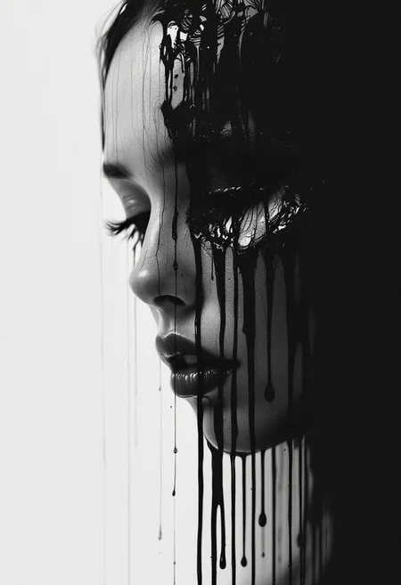 A hauntingly surreal portrait capturing the duality of existence—her face, solemn and introspective, tilts downward, eyes heavy with an unspoken weight. Streaks of thick, paint-like tears fall from her cheeks, each droplet peeling away the surface reality to reveal another version of herself beneath. The cascading rivulets expose fragmented reflections—alternate expressions, hidden emotions, glimpses of a self lost in time. The composition is stark yet fluid, with deep monochrome contrasts melting into bleeding strokes of crimson and shadow. A silent sorrow lingers in the negative space, where the divide between identity and illusion dissolves like ink into water