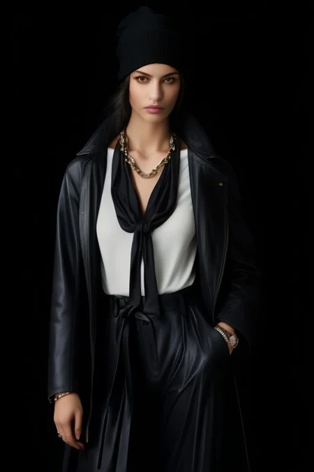 masterpiece,best quality,ultra_detailed, bellissima , dark background, 1girl wearing a white collared shirt, black pants, beanie, black coat, chain necklace,  Armani style, hand on hip, realistic, fashion, cowboy shot, by annie leibovitz