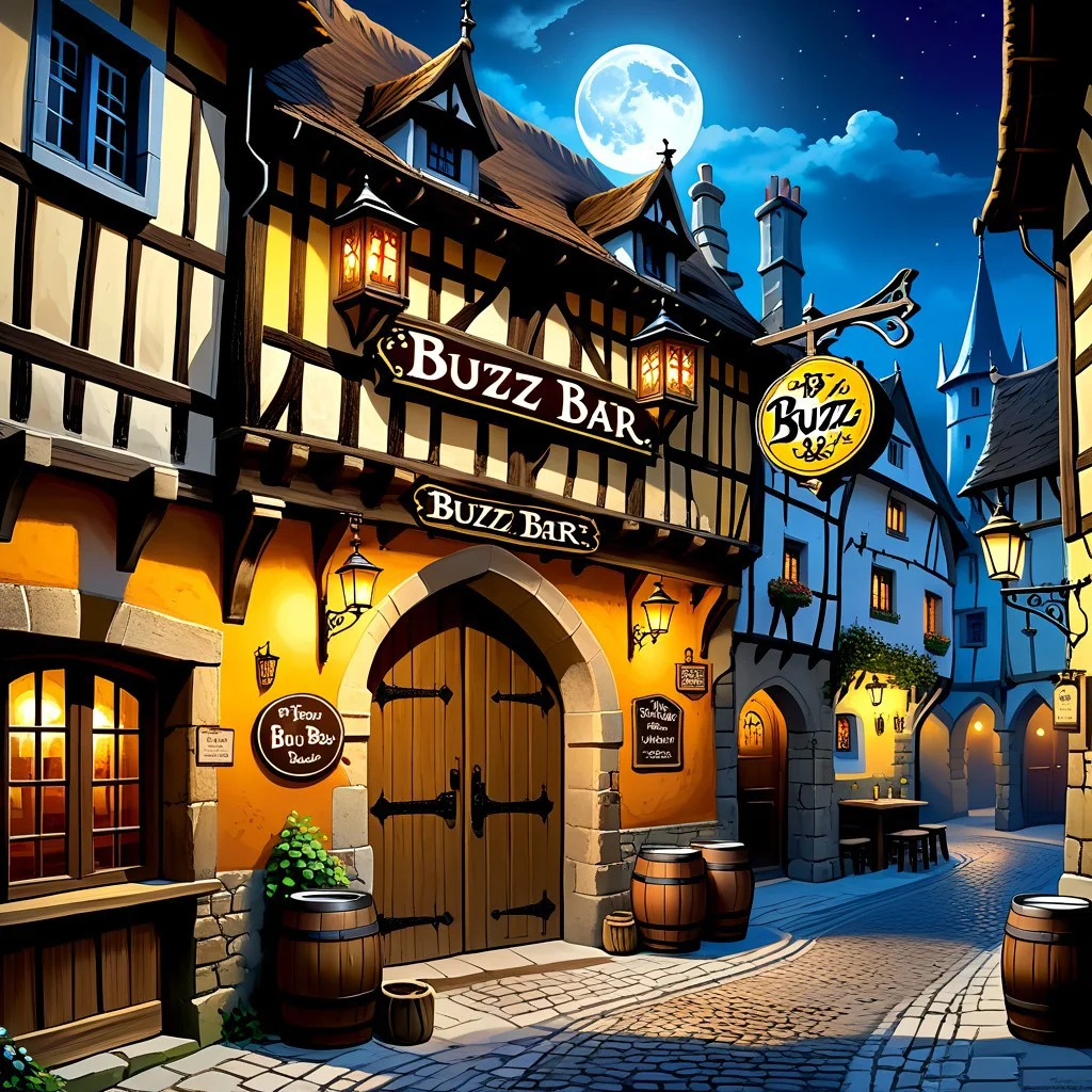 Medieval bar, medieval inn, outdoors, medieval village, medieval street, nighttime, midnight, nightlife, moon, moonlight, full moon, one moon, medieval street lights, medieval wooden sign over bar door with text: "Buzz bar" "Pay with Buzz". Big sign over door with text "Buzz bar" Sign "Pay with Buzz". Beer