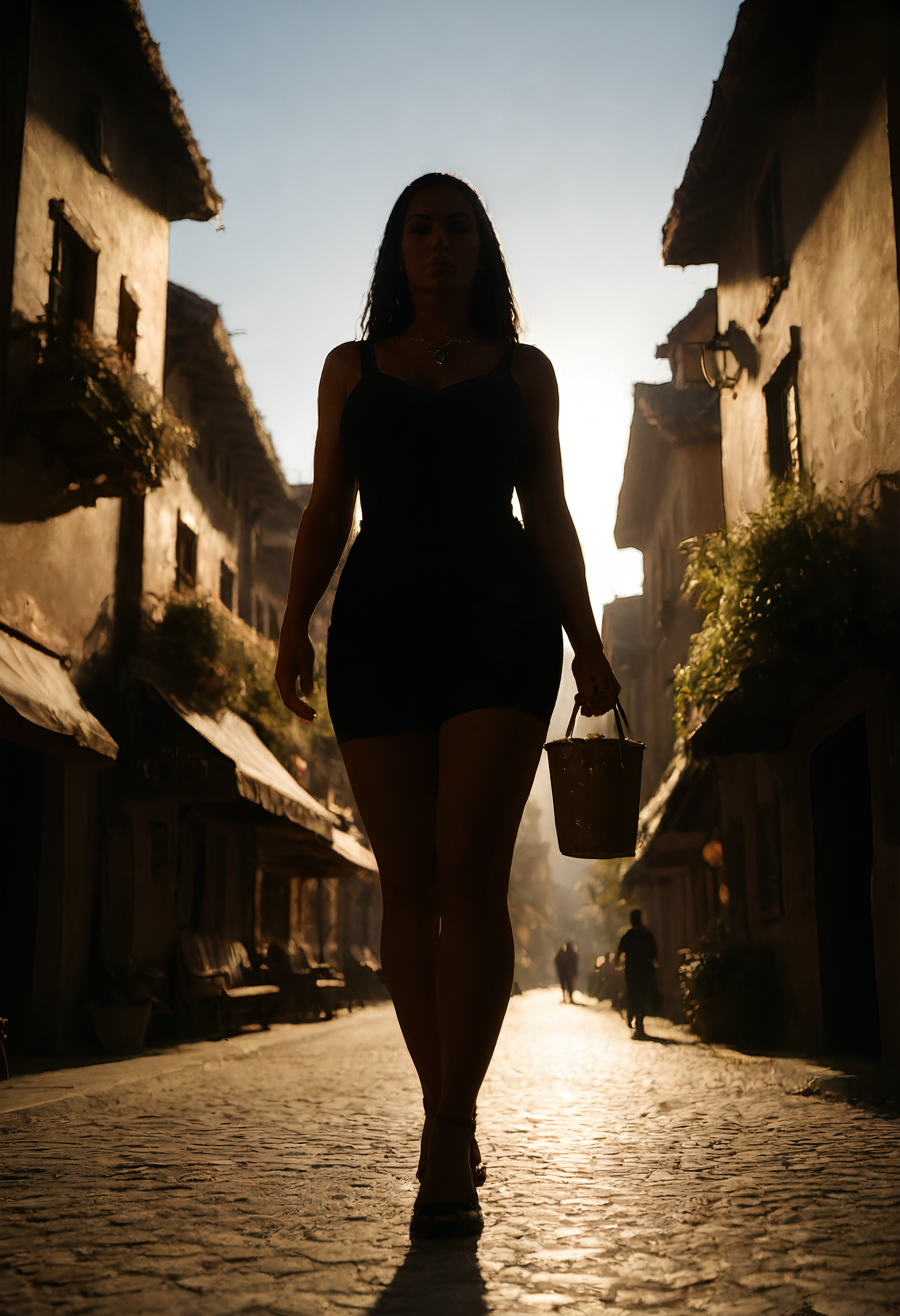 score_9, score_8_up, score_7_up, source_photo, surreal lighting, 1girl, Midlife Late Middle Age, curvy, Mocha skin, Soft Black hair, Frock, village, subject in mid-air, framed from below, rating_safe, <lora:pony\styles\lufnis:1.0000000000000002>