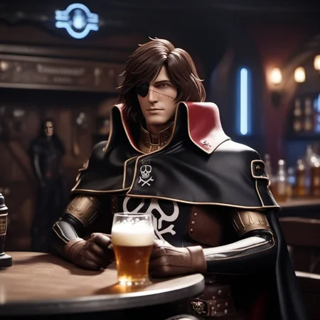 cinematic photo a realistic man, cape, brown hair, scar, black gloves, having a beer in a spaceopera tavern<lora:Albator1024_r1:0.8> . 35mm photograph, film, bokeh, professional, 4k, highly detailed