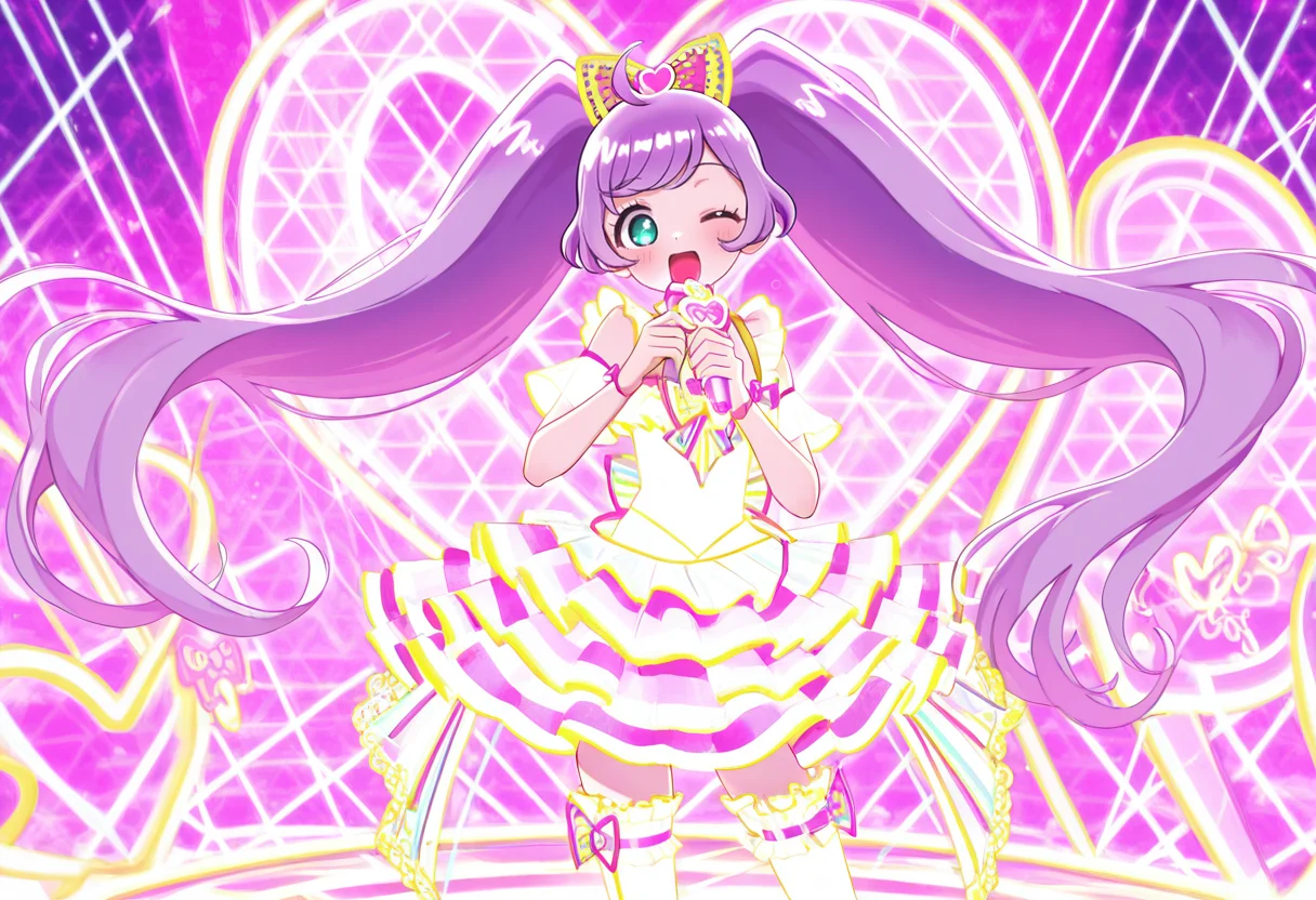 best quality, masterpiece, absurdres, manaka laala, holding microphone, one eye closed, glowing dress, thighhighs, heart, bazillium live, solo <lora:manaka_laala:1> <lora:bazilliumlive_Illust_v1:1>