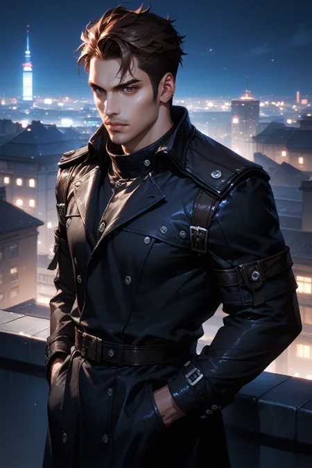 score_9, score_8_up, score_7_up,
<lora:MEKaidan:0.8>
MEKaidan, 1boy, brown hair, short hair, brown eyes, looking at viewer, On a high-rise rooftop, sharp black trench coat, city lights below, hands in pockets
