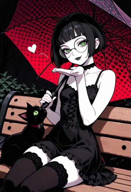 masterpiece, best quality, 32k, high resolution, absurdres, vector art, flat colors, s1n0p0pe, in the style of Jedpstgl, Impressionism,  Vaporwave,Pixel Art, Polly, PollyRH, short hair, bobcut, black hair, bangs, green eyes, small breasts, almost flat chest, slim, pale skin, big round eyeglasses, clear eyeglasses lenses, red, lip gloss, short goth dress, dark background, creepy background, abstracts, cowboy shot, looking at the viewer, holding an umbrella, hearts pattern umbrella, smiling, sitting on a bench, metal bench, thighhighs, black cat, goth attire, cuddling the cat, Dutch angle, blowing kiss, hand kissing,