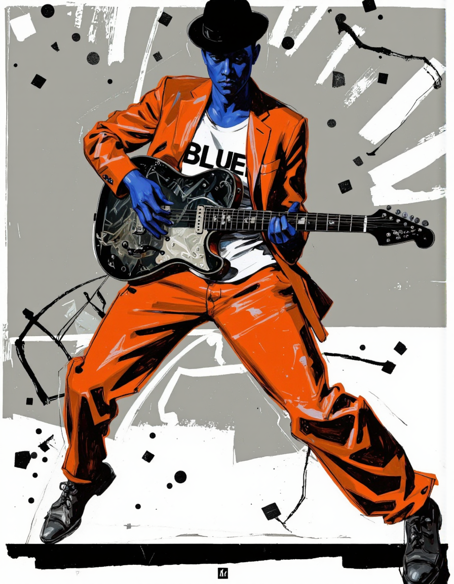 By Martin French. A vibrant and stylized illustration of a blues musician playing a guitar, captured in an abstract art style with bold lines and geometric shapes. the background is a mix of gray and white, with abstract shapes and lines scattered throughout, creating a visually striking contrast. in the center of the image, a man with blue skin appears to be in his mid-twenties, wearing an orange suit and a black hat, holding a guitar in his right hand. he has a serious expression on his face, and his body is positioned in a way that creates a sense of movement and energy. the man is wearing a white shirt with black lettering, and a pair of orange pants that are slightly bent at the knees, adding to the dynamic and energetic feel of the artwork. the overall effect is one of vibrancy and energy, with a focus on the blues musician and his instrument. <lora:Martin_French:0.85>