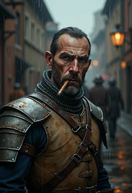 a medieval city watchman, unshaven disheveled appearance, standing in a rainy dingy street, bokeh, cigar on the corner of his mouth, chainmail, simple plain dented and rusted breastplate, with a frowning annoyed expression
