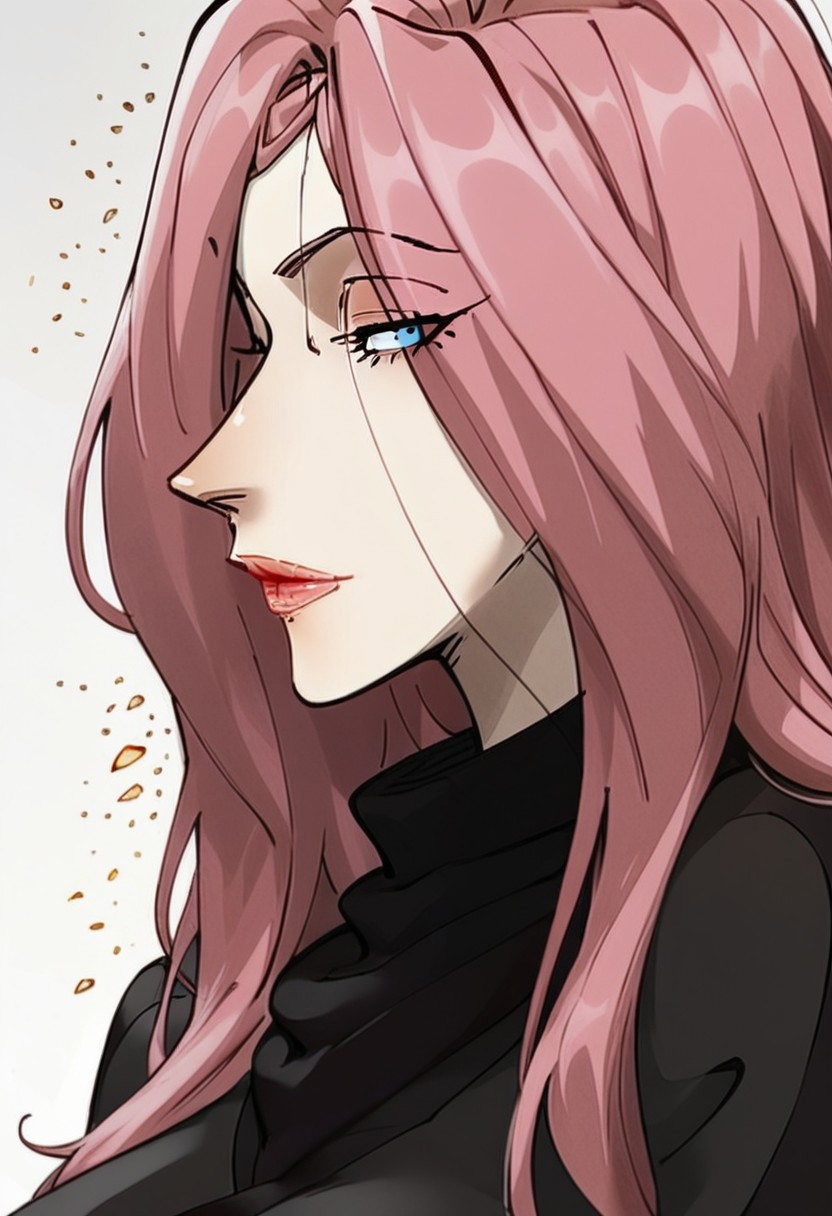(score_9, score_8_up, score_7_up, score_5_up, score_5_up), Expressiveh, detailed face, longshuyun, 1gir, pink hair, long hair, blue eyes, eyes visible through hair, makeup, lipstick, large breasts, black sweater, turtleneck, masterpiece, best quality, portrait, white background, head tilt, looking at viewer, facing viewer, dynamic angle, golden light,light particles, side view, arms under breasts