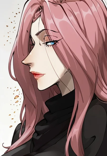(score_9, score_8_up, score_7_up, score_5_up, score_5_up), Expressiveh, detailed face, longshuyun, 1gir, pink hair, long hair, blue eyes, eyes visible through hair, makeup, lipstick, large breasts, black sweater, turtleneck, masterpiece, best quality, portrait, white background, head tilt, looking at viewer, facing viewer, dynamic angle, golden light,light particles, side view, arms under breasts