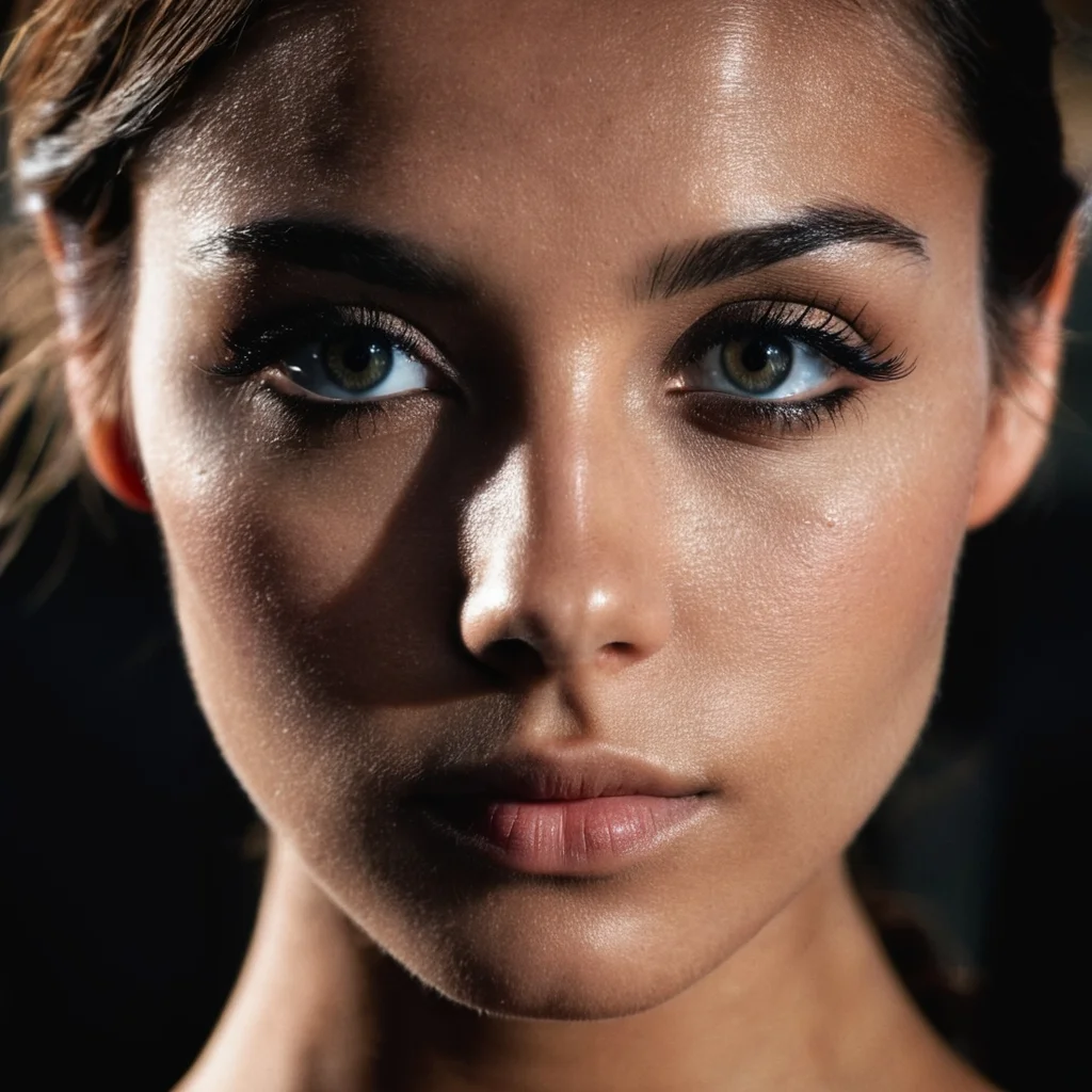 dark shot, front shot, closeup photo of a 25 y.o woman, perfect eyes, natural skin, skin moles, looks at viewer, cinematic shot
