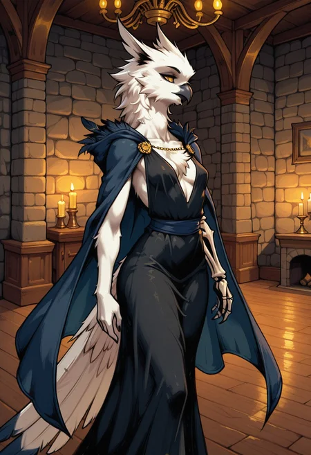 furry, megafeathery, feathers, avian, owl woman, long fluffy white hair, (((slender face, tall, skinny, thin neck))), (((white fur:1.40))), graceful calm pose, calm expresson, yellow eyes, (right arm is a skeleton arm), wearing a long black dress, wearing a dark blue cape with, in an old castle, warm light, candle light, fantasy, chandelier, stone walls, wooden floor, styleakramness, vehn