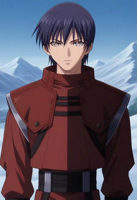((masterpiece)), ((best quality)), ((ultra-detailed)), ((absurdres)), score_9_up, score_8_up, score_7_up,
HD, top quality, best quality, amazing quality, High-quality illustrations, anime screencap, source_anime, best aesthetic, perfect proportions, perfect eyes, 1boy, 1male, solo boy, solo male, male focus, solo male focus, Anime, boy, male anime character, anime boy, handsome, sexy, cute, charming, ((looking at front, looking at viewer)), ((front shot, front view, view from front)), Rigardo, purple-gray hair, hair in front of ears, gray-silver eyes, gray pupils, gray irises, red outfit, ((face shot, face only shot, face focus)), ((snowy mountains background)), ((Claymore, Claymore anime style))