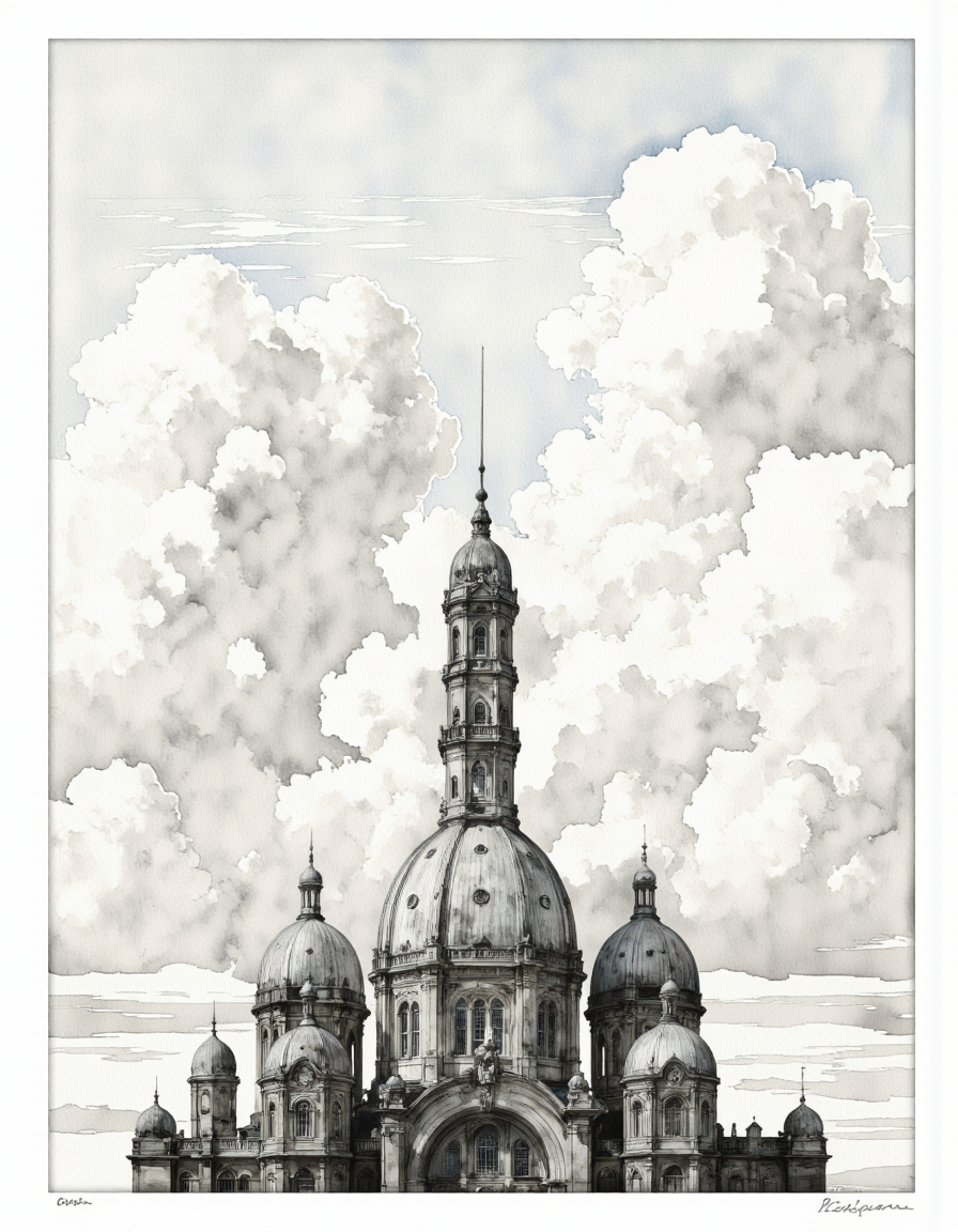 Inkquaria. A black and white, watercolor illustration of a large, elegant building with multiple domes and a clock tower, set against a backdrop of fluffy white clouds. the building appears to be a cathedral, with intricate details and ornate architecture, featuring multiple windows and a tall, slender tower with a clock at the center. the sky is filled with fluffy, white clouds, giving the image a dreamy, ethereal quality. the image is framed in a square frame, with a watermark in the bottom right corner, adding a touch of professionalism to the overall composition. the overall effect is one of grandeur and grandeur, with the building standing out against the soft, muted colors of the clouds.