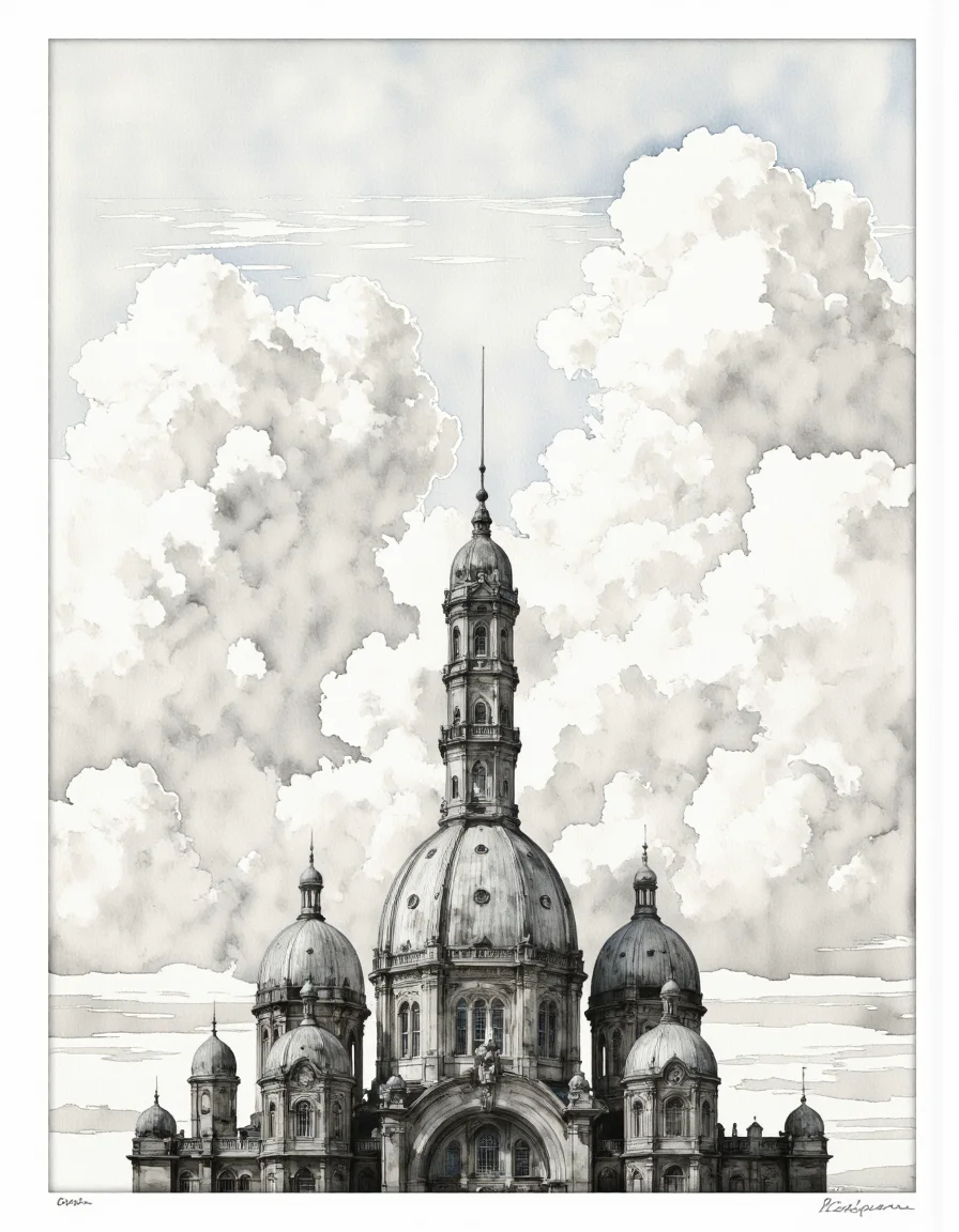 Inkquaria. A black and white, watercolor illustration of a large, elegant building with multiple domes and a clock tower, set against a backdrop of fluffy white clouds. the building appears to be a cathedral, with intricate details and ornate architecture, featuring multiple windows and a tall, slender tower with a clock at the center. the sky is filled with fluffy, white clouds, giving the image a dreamy, ethereal quality. the image is framed in a square frame, with a watermark in the bottom right corner, adding a touch of professionalism to the overall composition. the overall effect is one of grandeur and grandeur, with the building standing out against the soft, muted colors of the clouds.