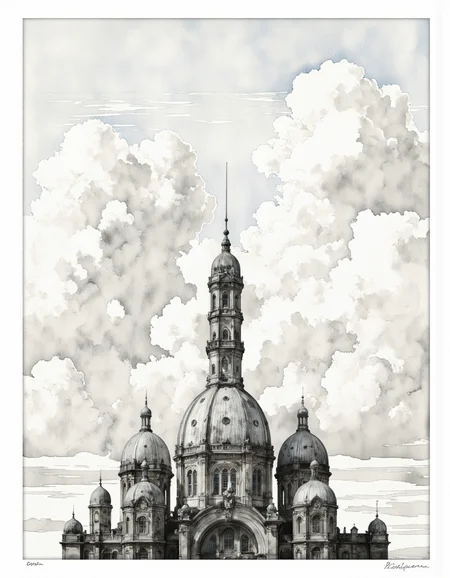 Inkquaria. A black and white, watercolor illustration of a large, elegant building with multiple domes and a clock tower, set against a backdrop of fluffy white clouds. the building appears to be a cathedral, with intricate details and ornate architecture, featuring multiple windows and a tall, slender tower with a clock at the center. the sky is filled with fluffy, white clouds, giving the image a dreamy, ethereal quality. the image is framed in a square frame, with a watermark in the bottom right corner, adding a touch of professionalism to the overall composition. the overall effect is one of grandeur and grandeur, with the building standing out against the soft, muted colors of the clouds.