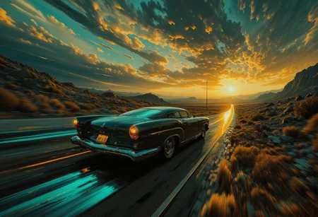 A sleek, shiny vintage car overdrive down a desolate highway, its form a silhouette against the breaking dawn. The road stretches endlessly, glowing with streaks of deep cobalt, vibrant gold, and shimmering teal that bleed into the sky, casting an ethereal glow over the surreal landscape. Directional light from the rising sun creates sharp contrasts, highlighting the swirling mist that clings to the ground and refracting into shimmering light particles suspended in the air.
The car’s headlights blaze through the haze, their beams carving bright trails that dissolve into the motion blur of its overdrive pace. The close-up view captures the car’s polished surface in exquisite detail, its chrome accents reflecting a kaleidoscope of shifting hues as if alive with energy. The road below blurs into streaks of motion lines, adding a visceral sense of speed and urgency, while the elongated shadows of the car dance across the cracked asphalt.
Above, the sky churns with vivid, surreal hues, swirling like molten glass, creating a striking juxtaposition against the gothic emptiness of the road. The haunting beauty of the dawn evokes a sense of transition—both an ending and a beginning—while the image’s vibrant colors and dynamic perspective immerse the viewer in a cinematic moment of raw, unrelenting motion.The entire scene exudes symbolism—speed, freedom, and the fleeting passage of time. The motion and vivid colors pull the viewer into a dreamlike, cinematic moment frozen in time.
