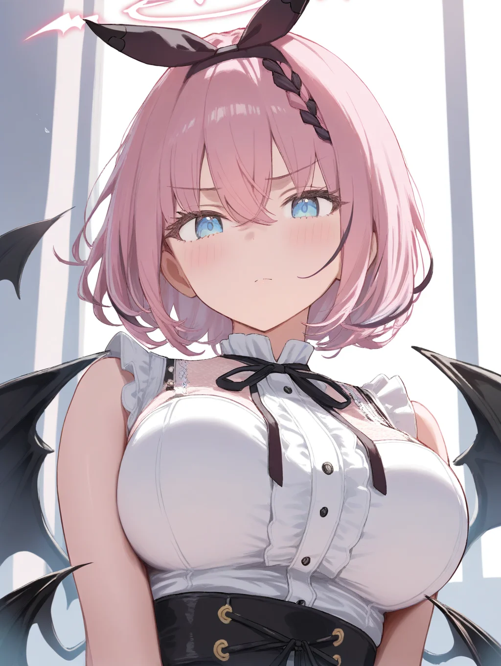 1girl, otokado_ruki, solo, short hair, pink hair, blue eyes, large breasts, demon wings, demon tail, halo,upper body, 
  <lora:otokado_ruki-a4zero-v1:1>, masterpiece, high score, great score, absurdres