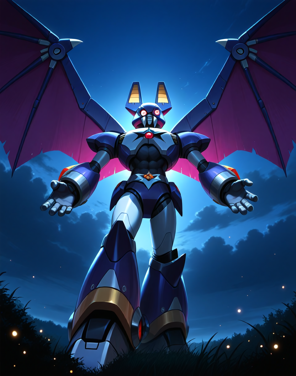 <lora:Dark_Necrobat_(Mega_Man_X)_(Illustrious)_(AD):1> Dark Necrobat, reploid, MMX, 
exterior, night sky with dark clouds,
male focus, intense shadows, dynamic shadows, intricate details, attention to details, gradient coloring, bright vivid colors, robot, abs, bent leg, 
BREAK very awe, masterpiece, best quality, amazing quality, very aesthetic, highres, absurdres, photographic realism, 8K CGI render, 
EZRealPONYXL, zPDXL, Smooth Quality, lazynsfw,