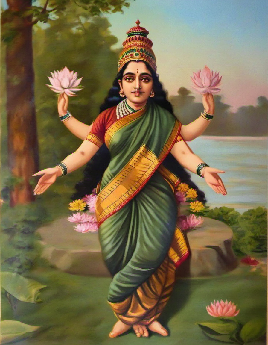 painting of serene nature goddess with 4 arms, in the style of Raja Ravi Varma <lora:Raja_Ravi_Varma_Style_SDXL_LoRA:1>
