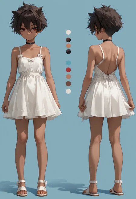 safe_pos, ohisashiburi_style, score_9, score_8_up, score_7_up, score_6_up, score_5_up, score_4_up, 1girl, micchan 1girl, (young, skinny, petite body, short body:1.8), tomboy, dark-skinned female, melanism, dark brown hair, short hair, hair between eyes, dark red eyes, perky small breasts, small ass, collarbone, black choker, white dress, white bow at waist on back, dress straps, bare shoulders, white sandals, full body, simple light blue background, front view, side view, back view, multiple views, full body, model sheet, turnaround
