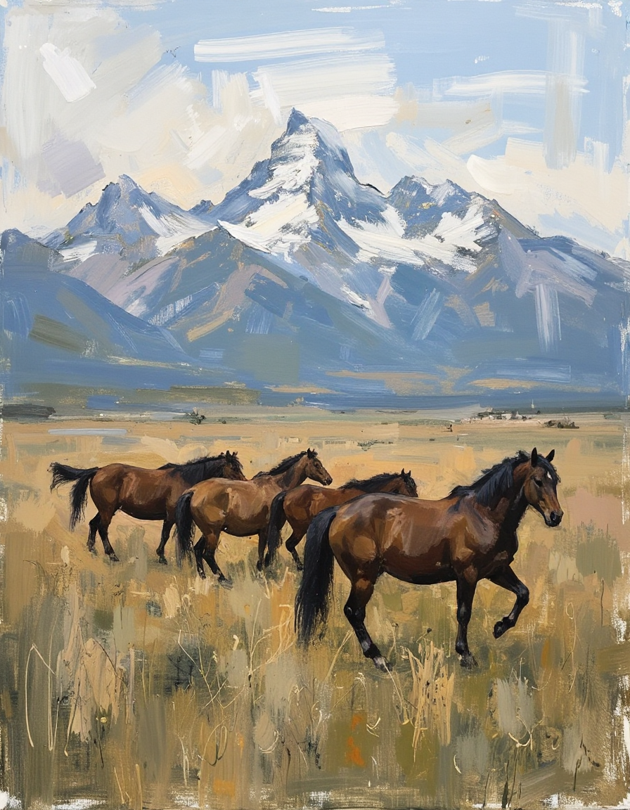 a herd of wild horses with the grand Teton mountains in the background
