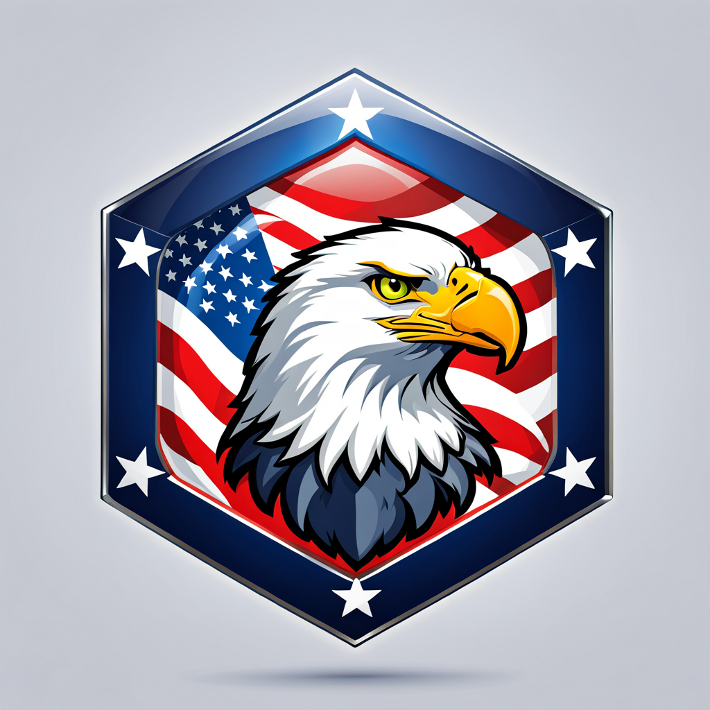 a hexagonal badge of an eagle, american , vector,  <lora:badgemkrsdxl:0.9>, best quality, patriotic