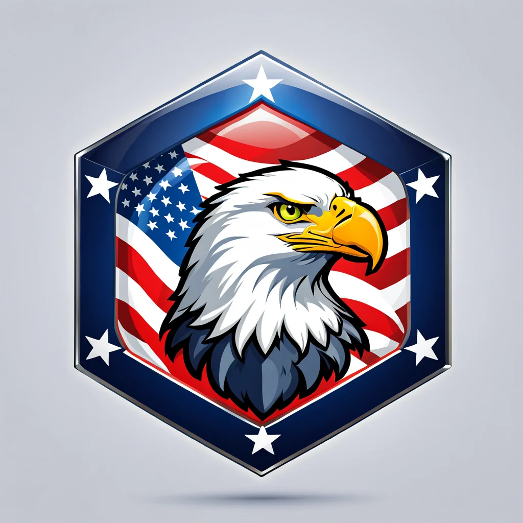 a hexagonal badge of an eagle, american , vector,  <lora:badgemkrsdxl:0.9>, best quality, patriotic
