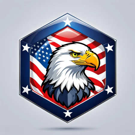 a hexagonal badge of an eagle, american , vector, <lora:badgemkrsdxl:0.9>, best quality, patriotic