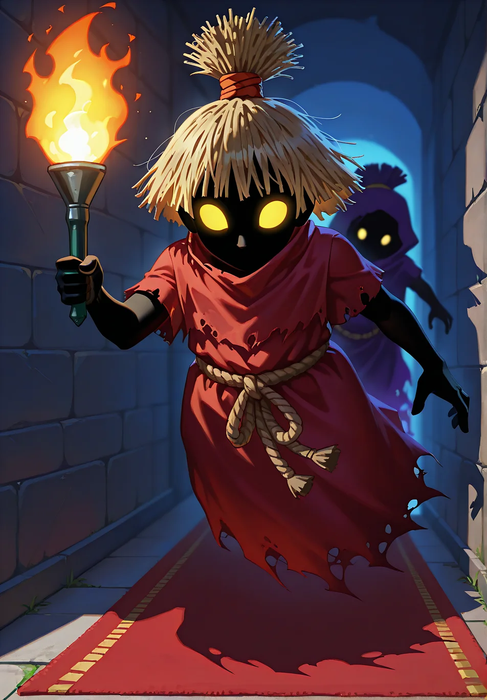 [STYLE & QUALITY::-1]
digital artwork, masterpiece, best quality, high res, very aesthetic, absurdres, artistic, dynamic perspective, amazing quality, vibrant colors, high resolution, absurdres, newest, <lora:Poe_Ocarina_of_Time_-000021:1>
[SUBJECT::-1]
LOZ_Poe, solo, lone figure, 1girl, Joelle_\(Poe\), pointed nose, Poe, ghost, spirit, glowing eyes, black skin, floating, yellow eyes, legless, big head, short torso, cropped torso, giant head, (skeletal hand:0.7), featureless face, (wide head:1.3), dwarf, stunted proportions, shadowed, ghostly figure, completely black skin, rope belt, vantablack skin, pure black skin, eyed silhouette, no_legs, shadow skin
[ACTIONS & POSE::-1]
[CLOTHES::-1]
tattered robes, red robes, straw hair, holding torch, face obscured by shadow, tattered clothes
[BACKGROUND::-1]
dark temple, stone walls, red carpet