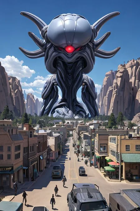 realistic, hyperrealistic, high quality, best quality, scifi town, alien metamorphosis