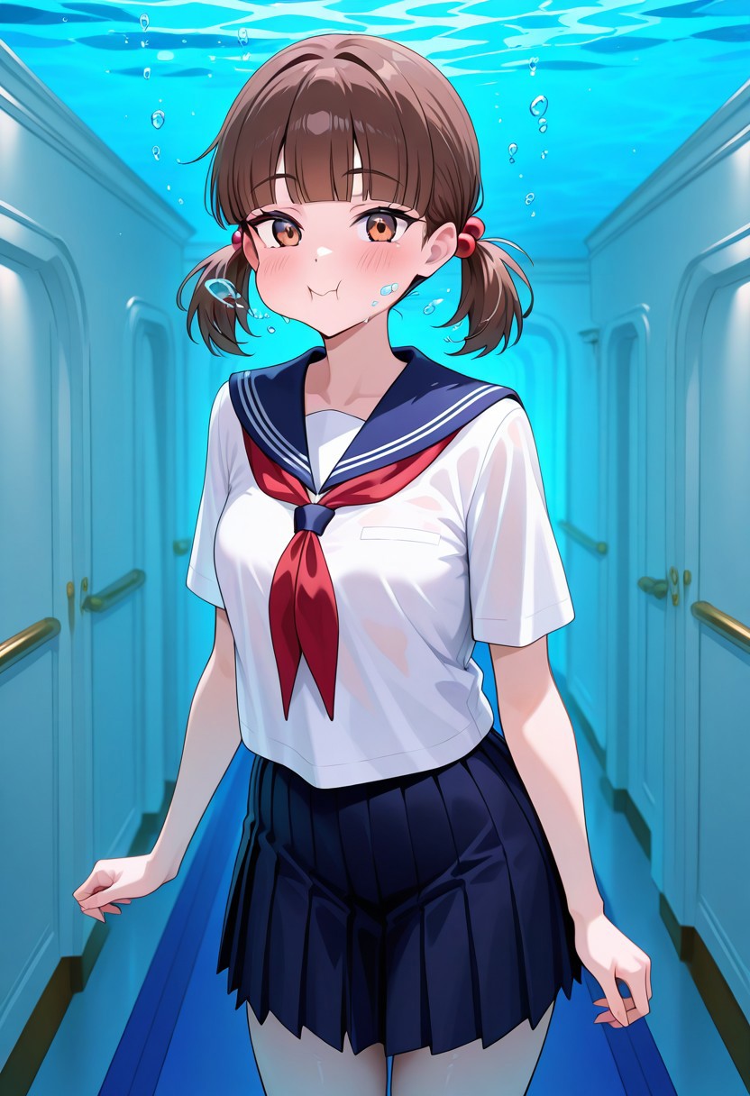 masterpiece, best quality, absurdres, 1girl, solo, female focus, rinko_inh, brown eyes, brown hair, short twintails, low twintails, hair bobbles, blunt bangs, small breasts, serafuku, sailor collar, blue sailor collar, neckerchief, red neckerchief, white shirt, short sleeves, cowboy shot, swimming, underwater, cruise ship, indoors, titanic interior, hallway, holding breath,  flooded, diving, floating, swimming towards viewer, puffed cheeks