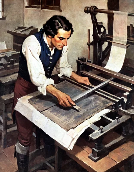 painting by Schoonover of a man working on a printing press in a printer's shop in Philadelphia in Colonial American in 1763 texture, top down, close up <lora:FSchoonover-000003:1>